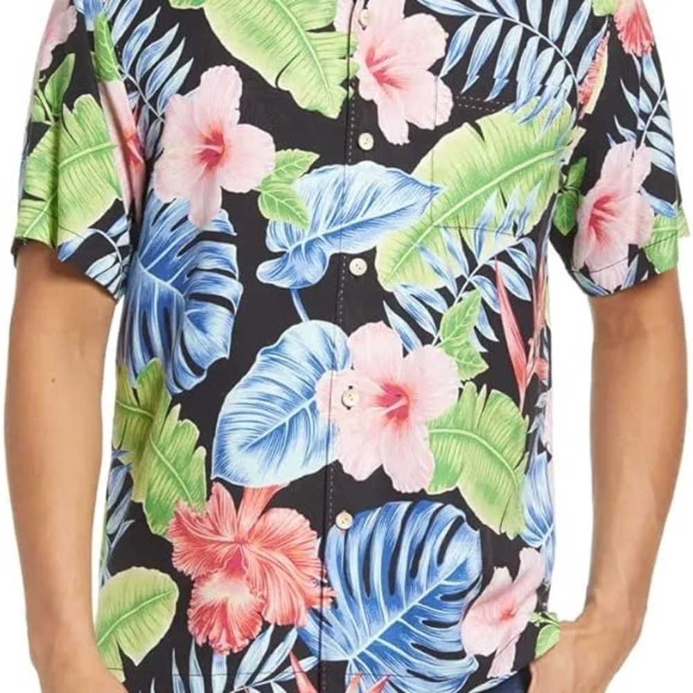 Tommy Bahama Hibiscus Grove 100% Silk Short Sleeve Camp Floral Black Pink - Picture 5 of 16